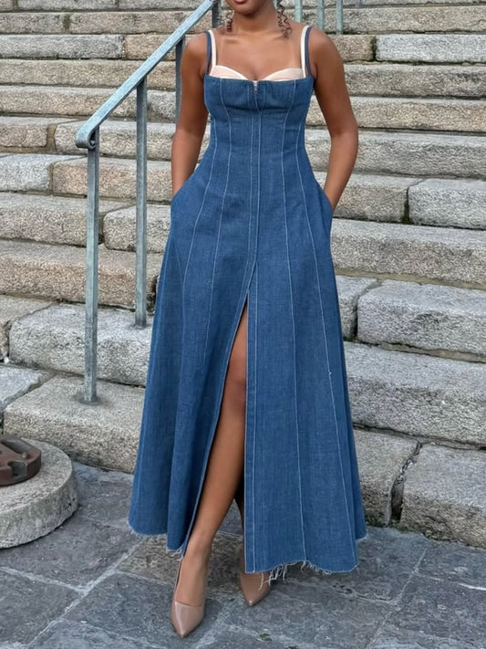 Corset-paneled Denim Midi Dress