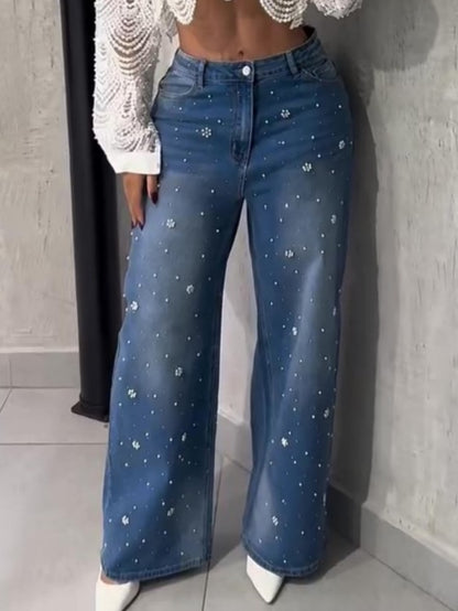 Floral Beaded Straight-Leg Jeans