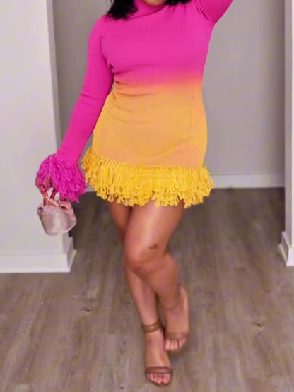Gradient Knit Tassel Mini Dress