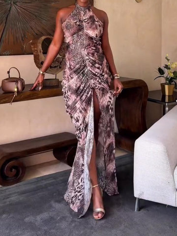 Sleeveless Halterneck Printed Stretch Dress
