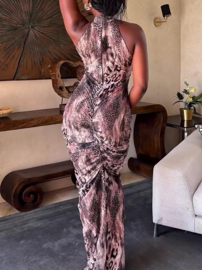 Sleeveless Halterneck Printed Stretch Dress