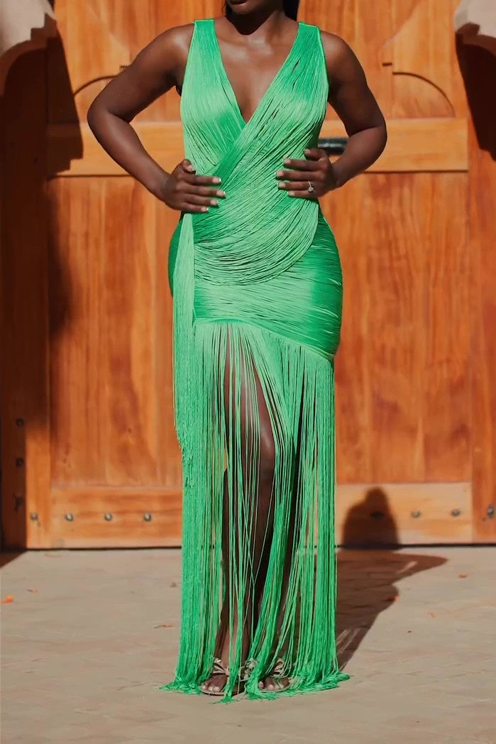 V-neck Hip-wrapped Tassel Gown Dress