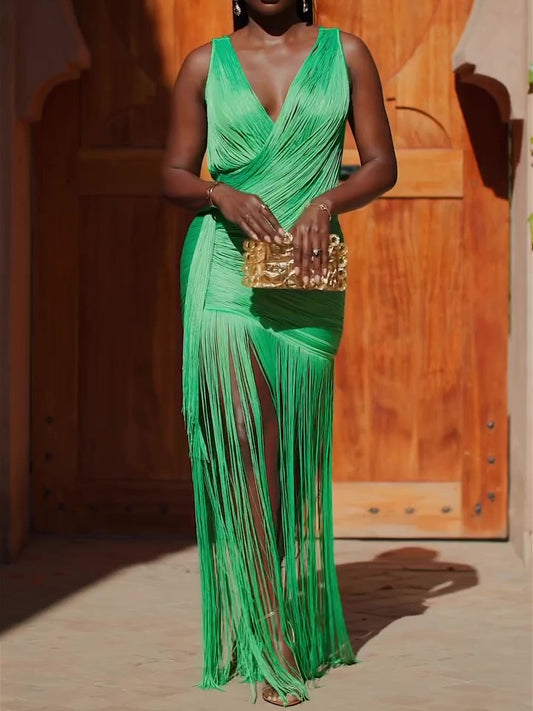 V-neck Hip-wrapped Tassel Gown Dress