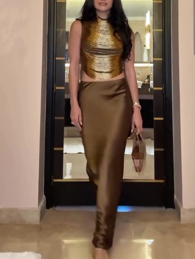 Sleeveless High-Neck Fringe Top With Silk Skirt Set