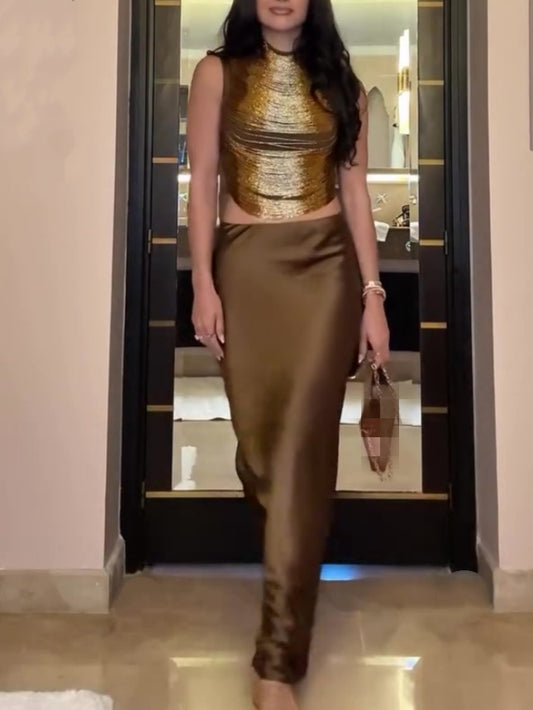 Sleeveless High-Neck Fringe Top With Silk Skirt Set