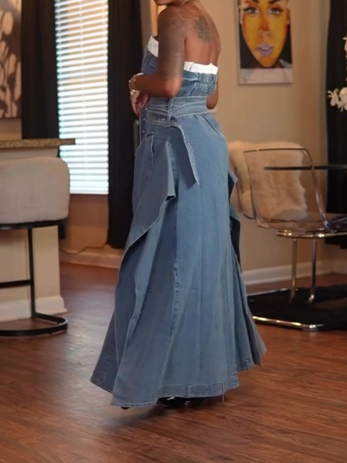 Strapless Pleated Panels Denim Dress