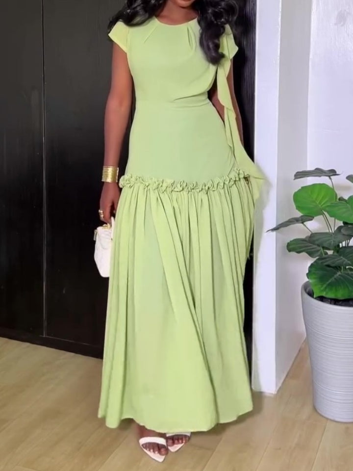 Round Neck Short Sleeve Ruffled Maxi Dress