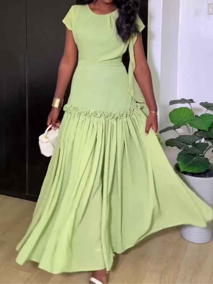 Round Neck Short Sleeve Ruffled Maxi Dress