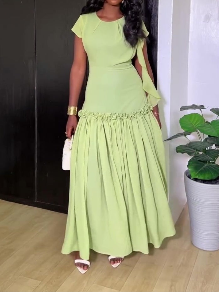 Round Neck Short Sleeve Ruffled Maxi Dress