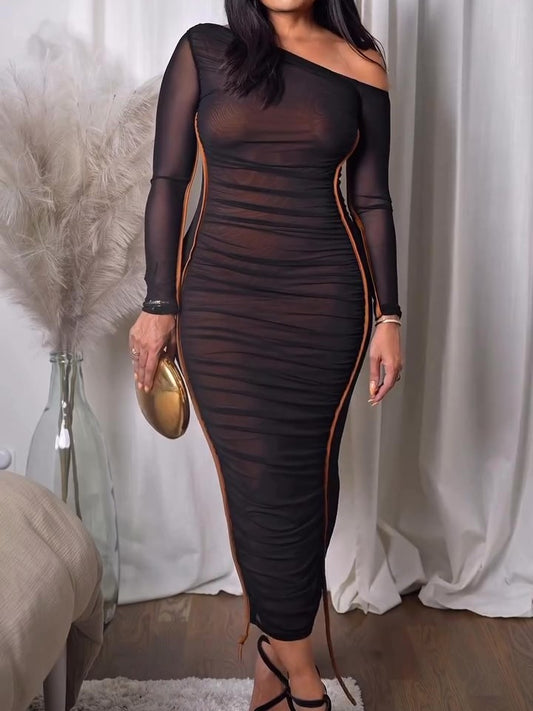Sexy Sheer Long Sleeve Off The Shoulder Bodycon Maxi Dress
