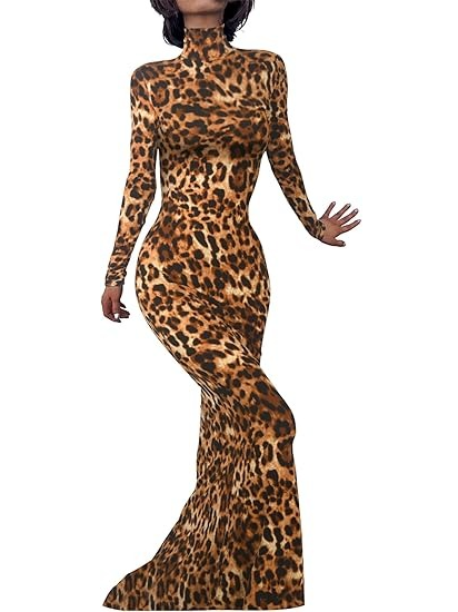 Turtleneck Bodycon Leopard Maxi Dress