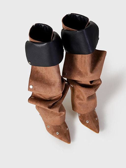 Rivet Buckle Stitching Two-way Denim Pleated Pile Boots