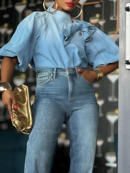 Bow Tie Neckline Denim Top