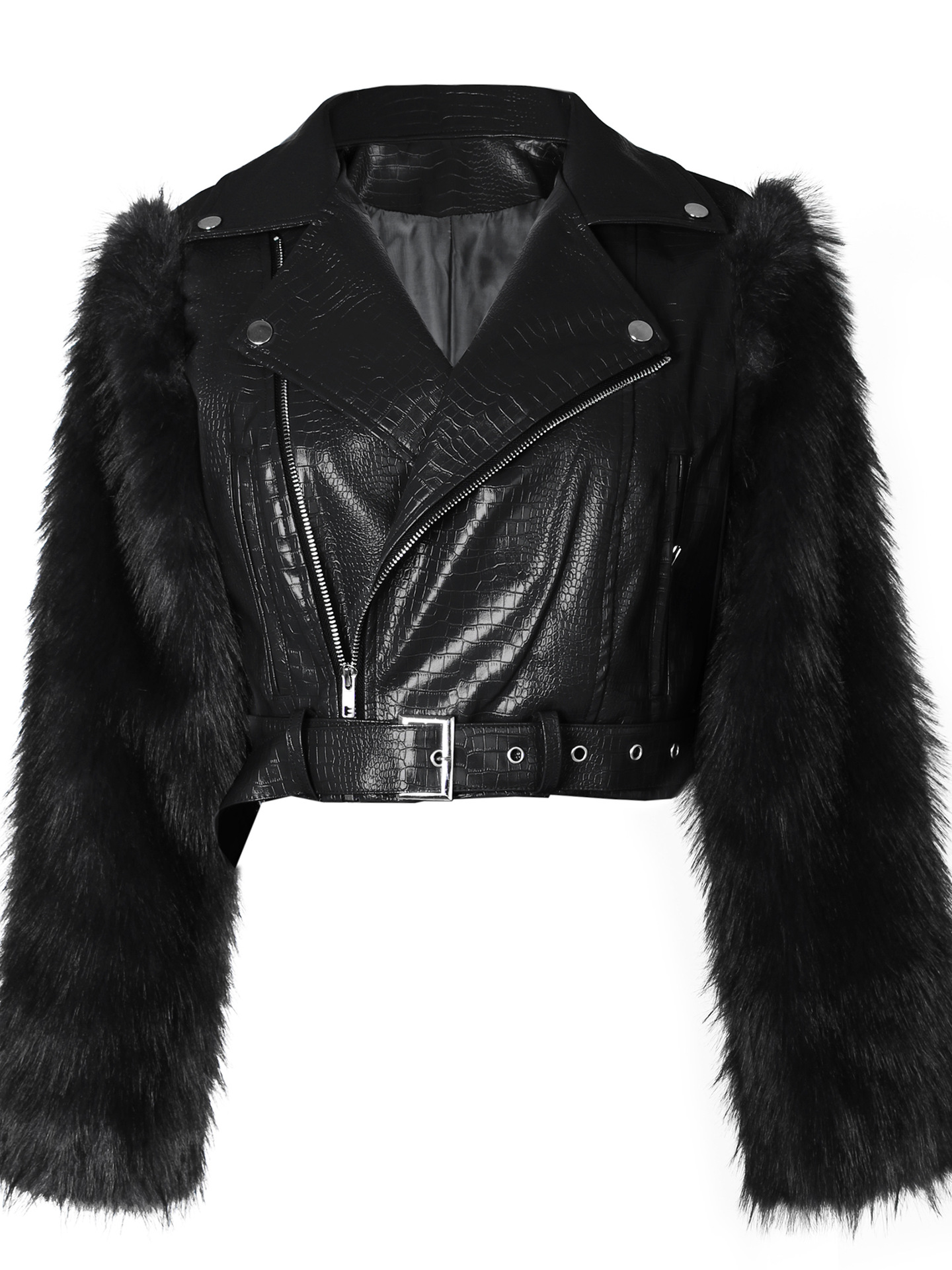 Patchwork Faux Leather Jacket With Fuzzy Sleeves