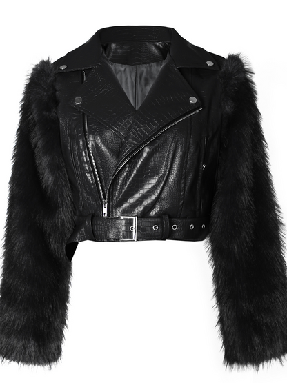 Patchwork Faux Leather Jacket With Fuzzy Sleeves