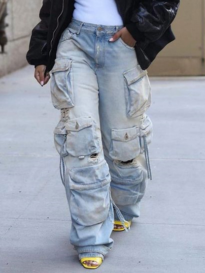Multi-pocket Distressed Cargo Jeans