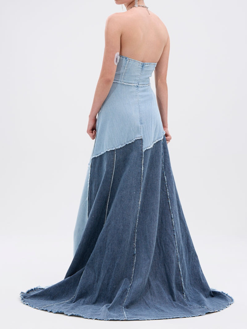 Strapless Patchwork Denim Maxi Dress