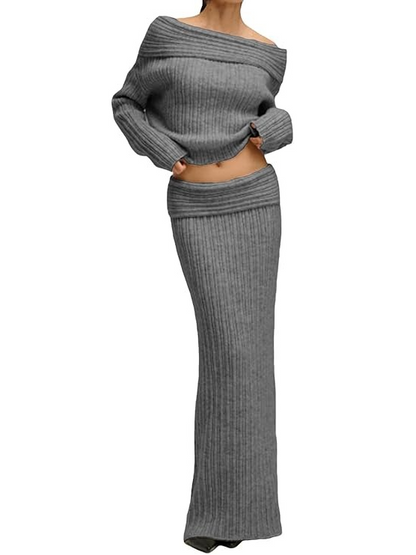 Off-the-shoulder Knitted Skirt 2Pcs Set