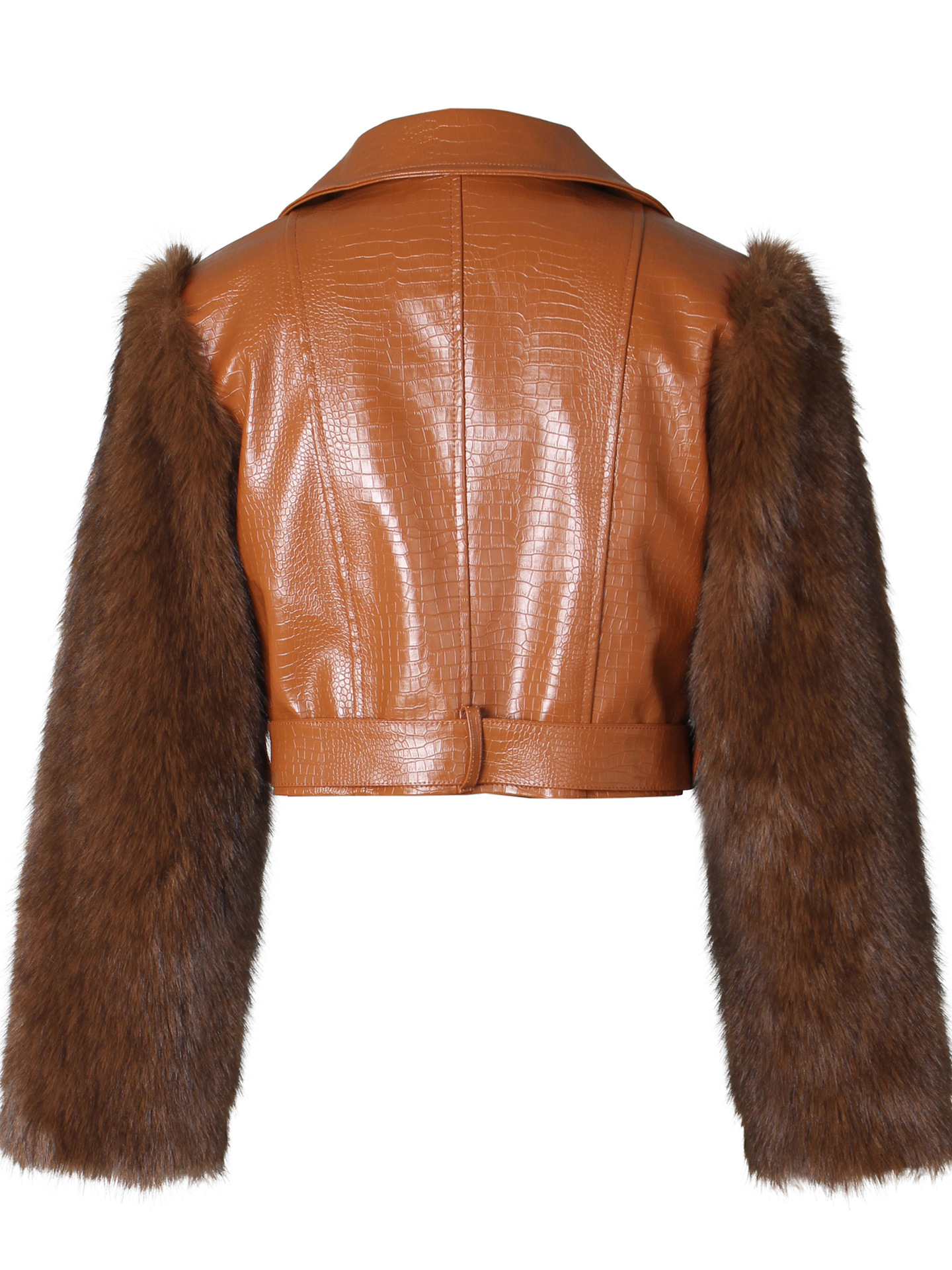 Patchwork Faux Leather Jacket With Fuzzy Sleeves