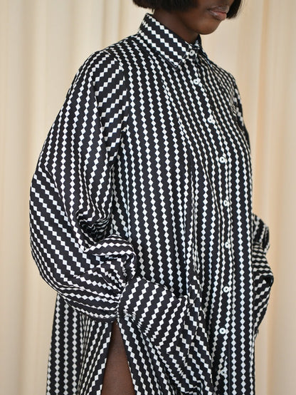 Diamond Striped Shirt Slit Maxi Dress