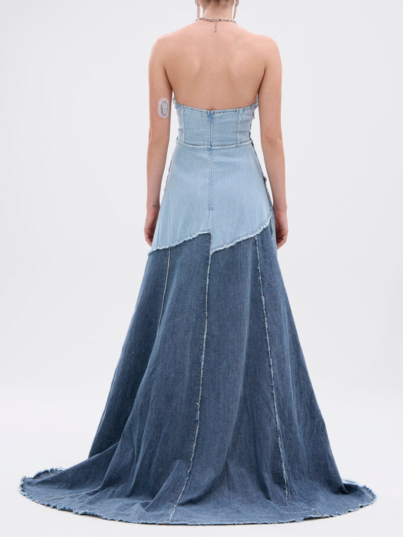 Strapless Patchwork Denim Maxi Dress
