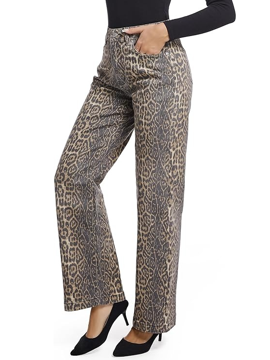 High Waisted Straight Leg Stretch Leopard Jeans