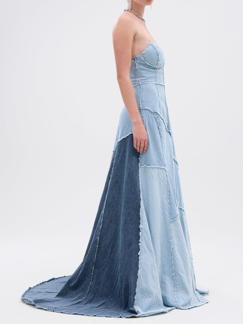 Strapless Patchwork Denim Maxi Dress
