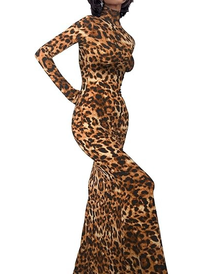 Turtleneck Bodycon Leopard Maxi Dress