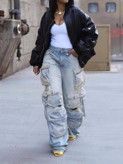 Multi-pocket Distressed Cargo Jeans