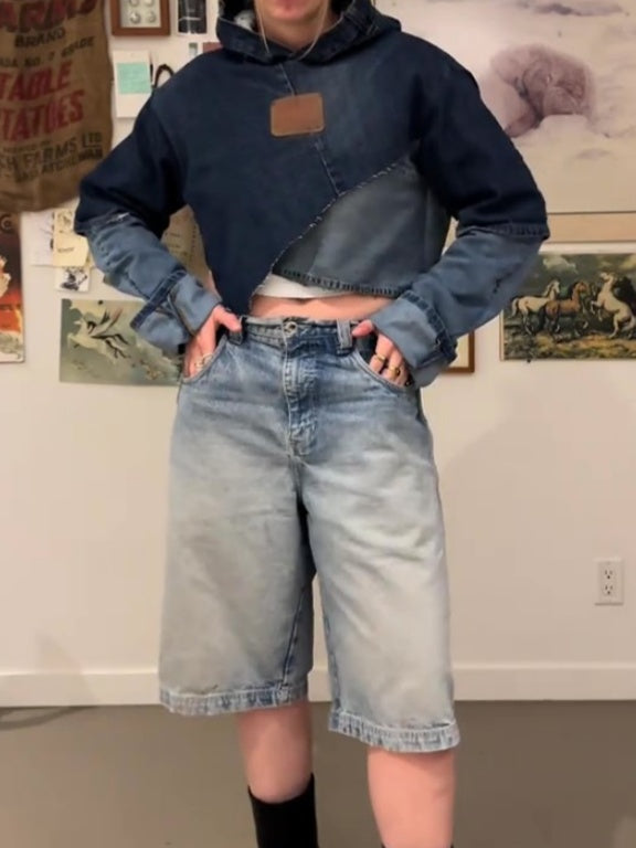 Patch Sleeves Denim Hooded Top