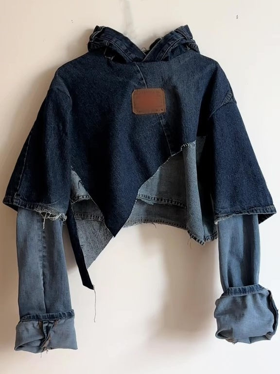 Patch Sleeves Denim Hooded Top