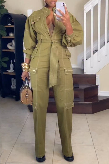 Fashion Pockets Zip Up Belted Jumpsuit