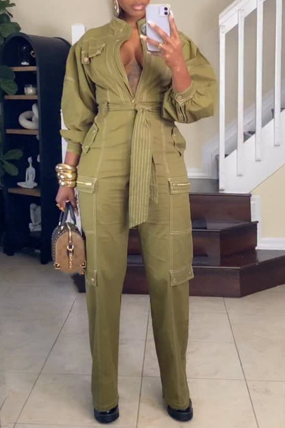 Fashion Pockets Zip Up Belted Jumpsuit